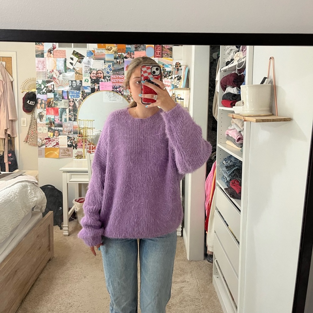 purple fuzzy sweater